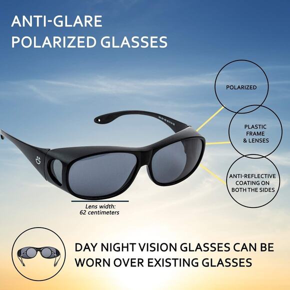 Optix 55 FitOver HD Day/Nite Driving Wraparound Sunglasses for Men, Women w/Case - Picture 3 of 11